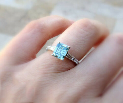 2.5 Carat Blue Emerald Cut Diamond Engagement Ring for Women, Wedding Ring, Three Stone Ring