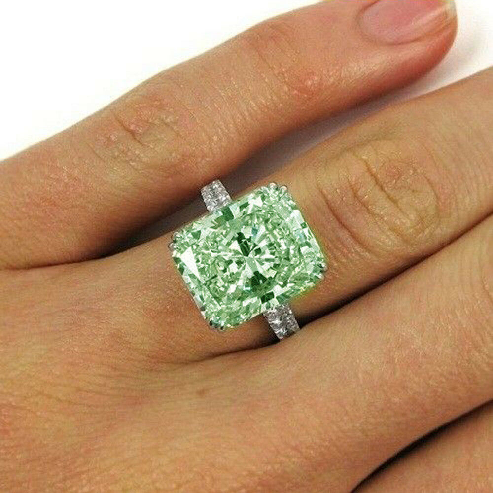 4 Carat Green Radiant Cut Diamond Engagement Ring for Women. Hidden Halo Wedding Ring