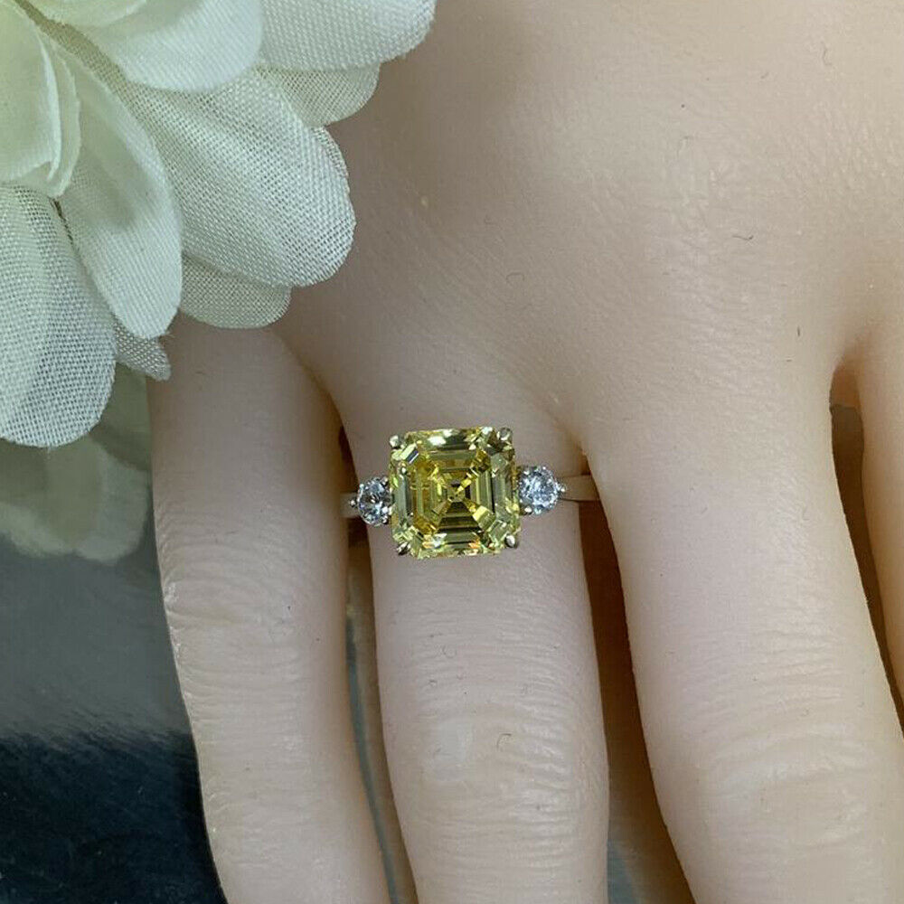 3 Carat Yellow Asscher Cut Diamond Engagement Ring for Women, Wedding Ring, Three Stone Ring