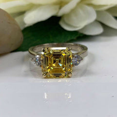 3 Carat Yellow Asscher Cut Diamond Engagement Ring for Women, Wedding Ring, Three Stone Ring