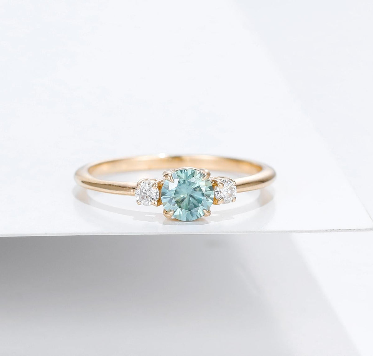 1 Carat Blue Round Cut Diamond Engagement Ring for Women, Three Stone Ring, Wedding Ring