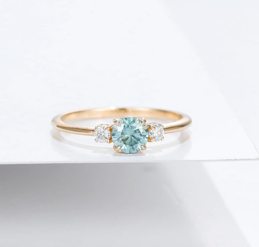 1 Carat Blue Round Cut Diamond Engagement Ring for Women, Three Stone Ring, Wedding Ring
