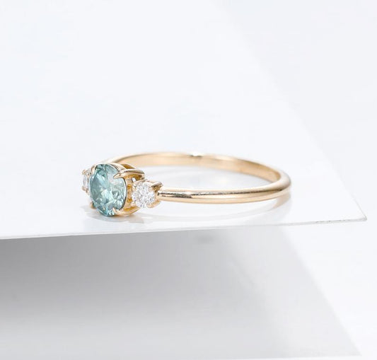 1 Carat Blue Round Cut Diamond Engagement Ring for Women, Three Stone Ring, Wedding Ring