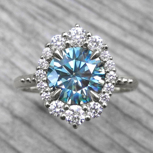 1.5 Carat Blue Round Cut Diamond Engagement Ring for Women, Wedding Ring, Halo Engagement Ring, Anniversary Gifts