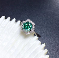 2 Carat Green Round Cut Diamond Engagement Ring For Women, Wedding Ring, Halo Ring