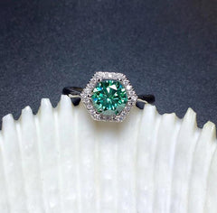 2 Carat Green Round Cut Diamond Engagement Ring For Women, Wedding Ring, Halo Ring