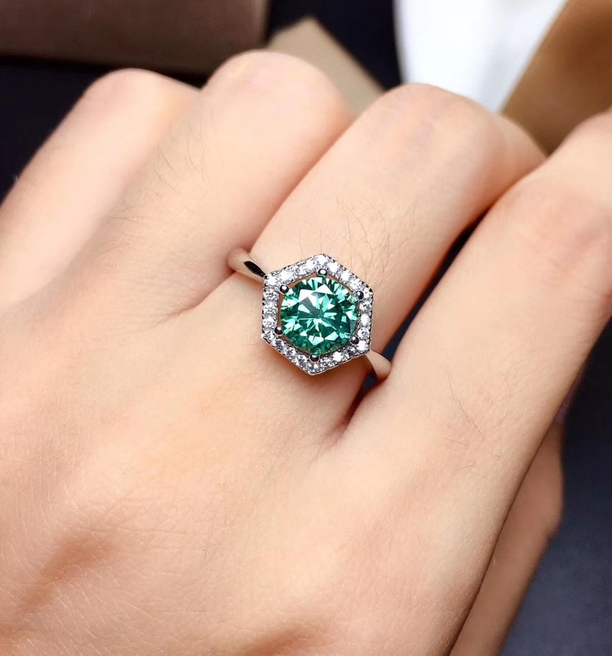 2 Carat Green Round Cut Diamond Engagement Ring For Women, Wedding Ring, Halo Ring