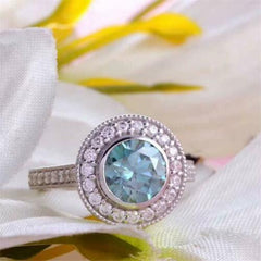 1 Carat Blue Round Cut Diamond Engagement Ring For Women, Wedding Ring, Halo Engagement Ring, Christmas Gifts