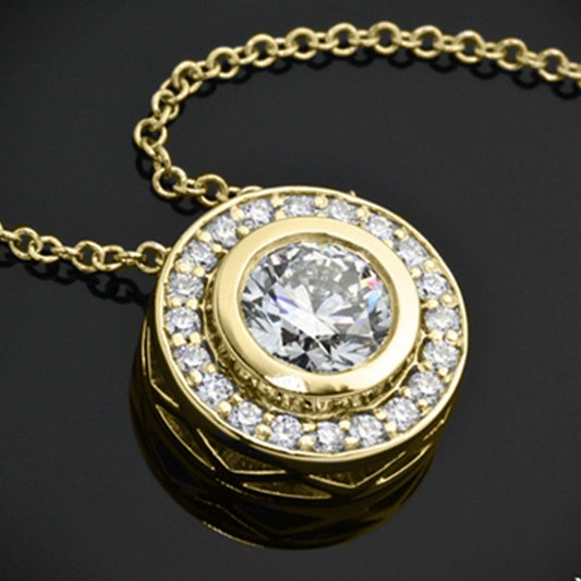 1 CT Round Cut Diamond Charm Pendant For Women, Wedding Pendant, Yellow Gold Pendant Engagement Pendant, Christmas Gift, Halo Pendant