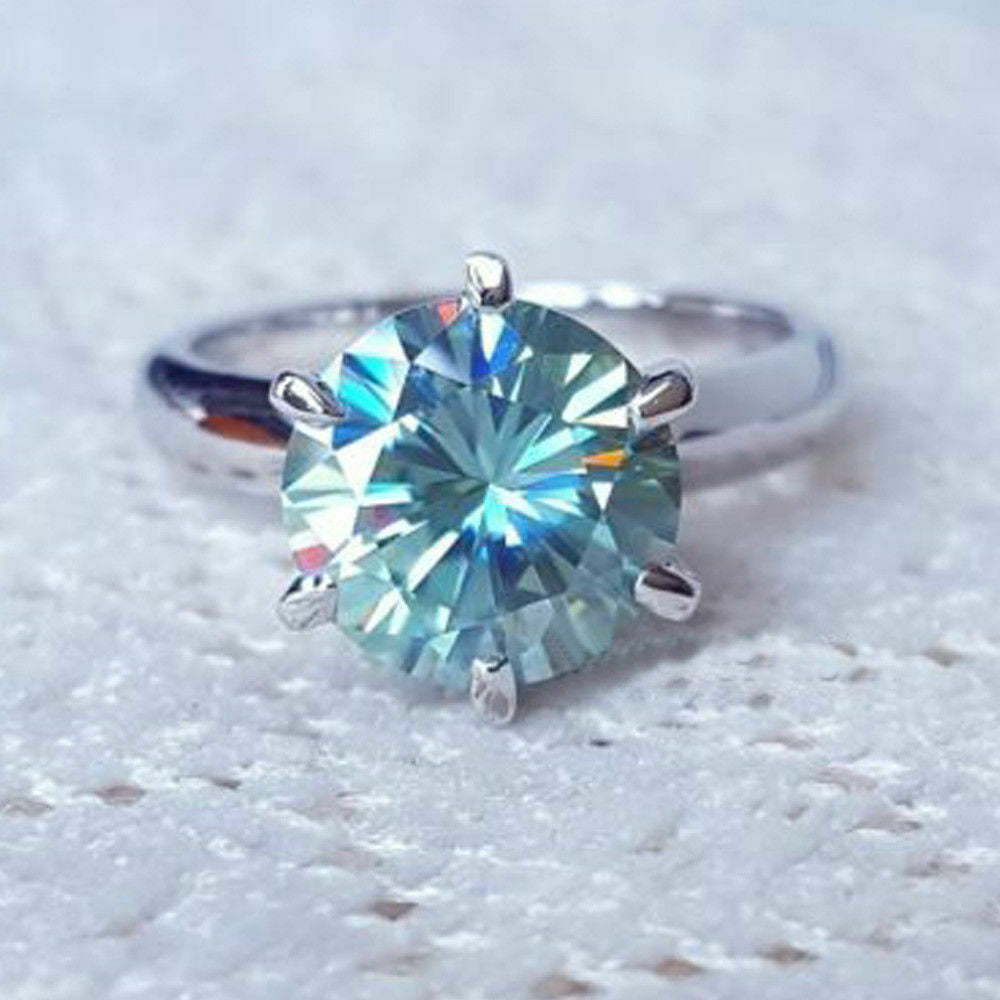 3 Carat Blue Round Cut Diamond Engagement Ring for Women, Solitaire Ring, Wedding Ring