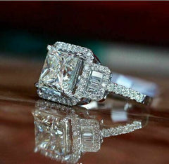 2.5 Carat Princess Cut Diamond Engagement Ring For Women, Wedding Ring, Halo Ring Set