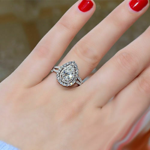 1.5 Carat Pear Cut Diamond Engagement Ring for Women, Halo Ring Set Wedding Ring