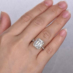 3 Carat Emerald Cut Diamond Engagement Ring For Women, Halo Ring, Wedding Ring