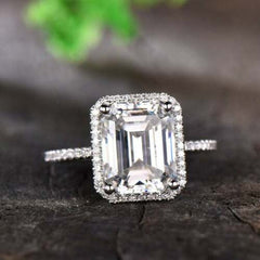 3 Carat Emerald Cut Diamond Engagement Ring For Women, Halo Ring, Wedding Ring