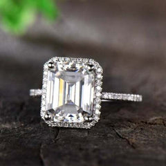 3 Carat Emerald Cut Diamond Engagement Ring For Women, Halo Ring, Wedding Ring