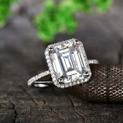 3 Carat Emerald Cut Diamond Engagement Ring For Women, Halo Ring, Wedding Ring