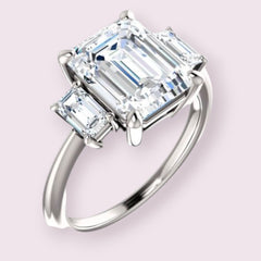 3 Carat Emerald Ring, CVD Lab Grown Diamond Engagement Ring for Women, Three Stone Ring, Handmade Ring, Wedding Ring, Christmas Gifts