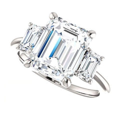 3 Carat Emerald Ring, CVD Lab Grown Diamond Engagement Ring for Women, Three Stone Ring, Handmade Ring, Wedding Ring, Christmas Gifts