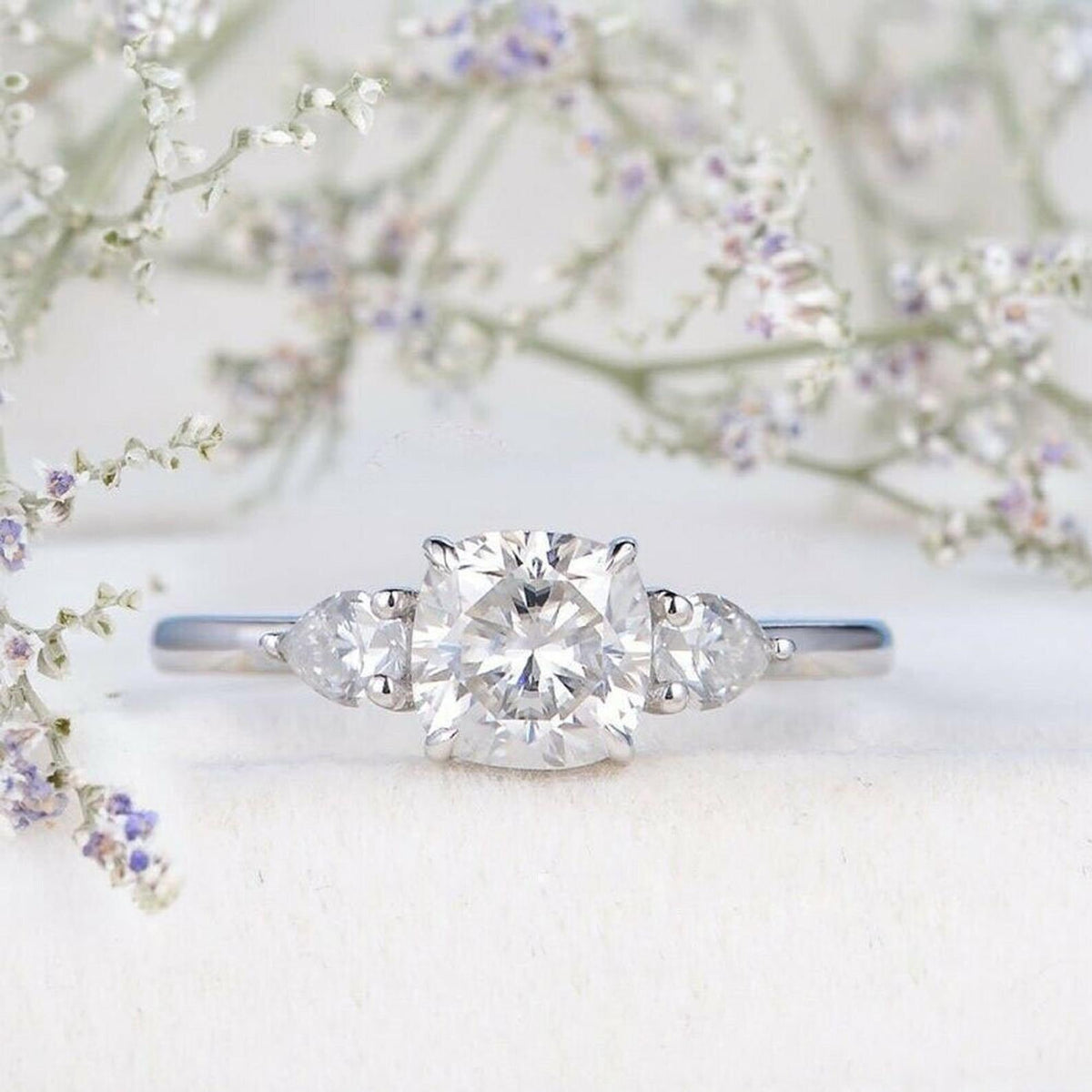 2.5 Carat Cushion Cut Diamond Engagement Ring for Women, Wedding Ring, Three Stone Ring