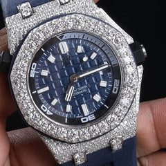 Alposh Audemars Piguet Swiss Eta Movement Band Rubber Clad Full White Moissanite Diamond Watch