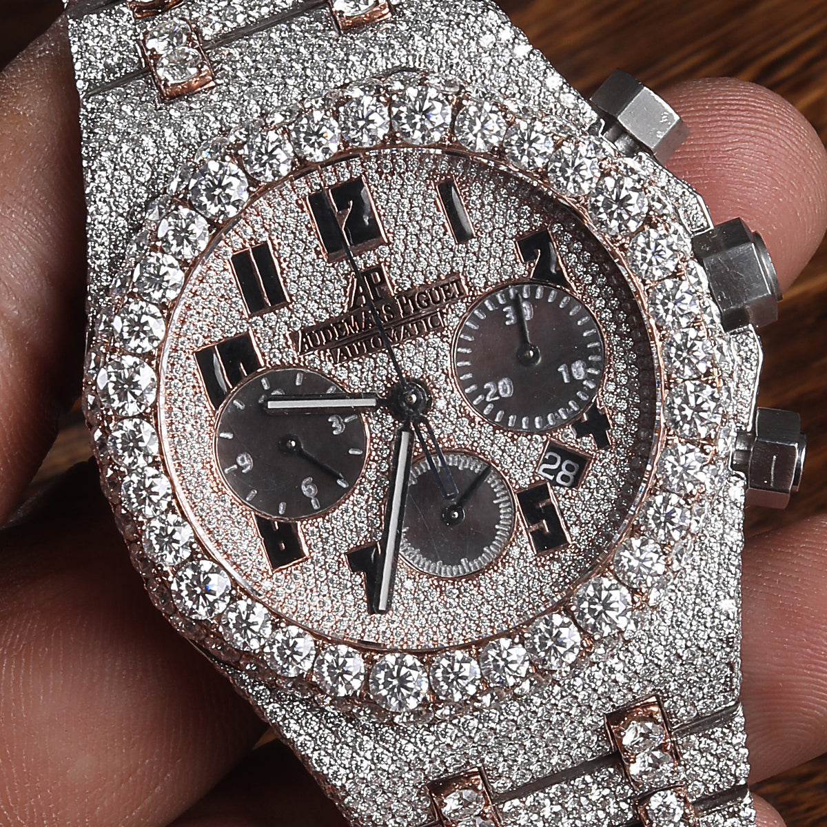 Alposh Audemars Piguet Swiss Eta Movement Rose Gold Full Iced Out Moissanite Diamond Watch