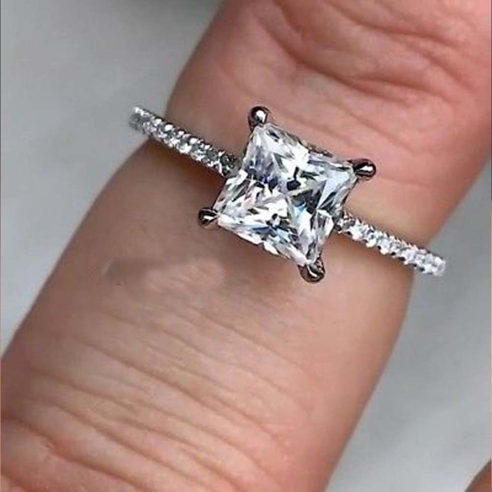 2 Carat Princess Cut CVD Lab Grow Diamond Engagement Ring for Women, Solitaire Accents Wedding Ring, Christmas Gifts