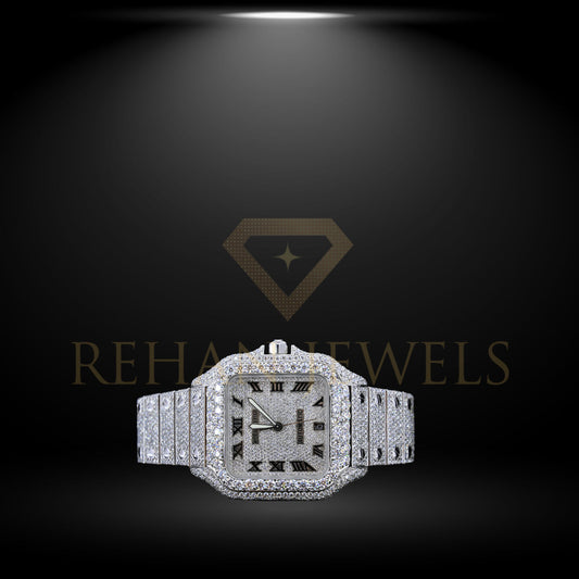 Alposh Cartier Swiss Eta  Automatic Movement Bust Down Watch, 100 % Real VVS Full White Ice Out Studded Moissanite Diamond Watch For Men