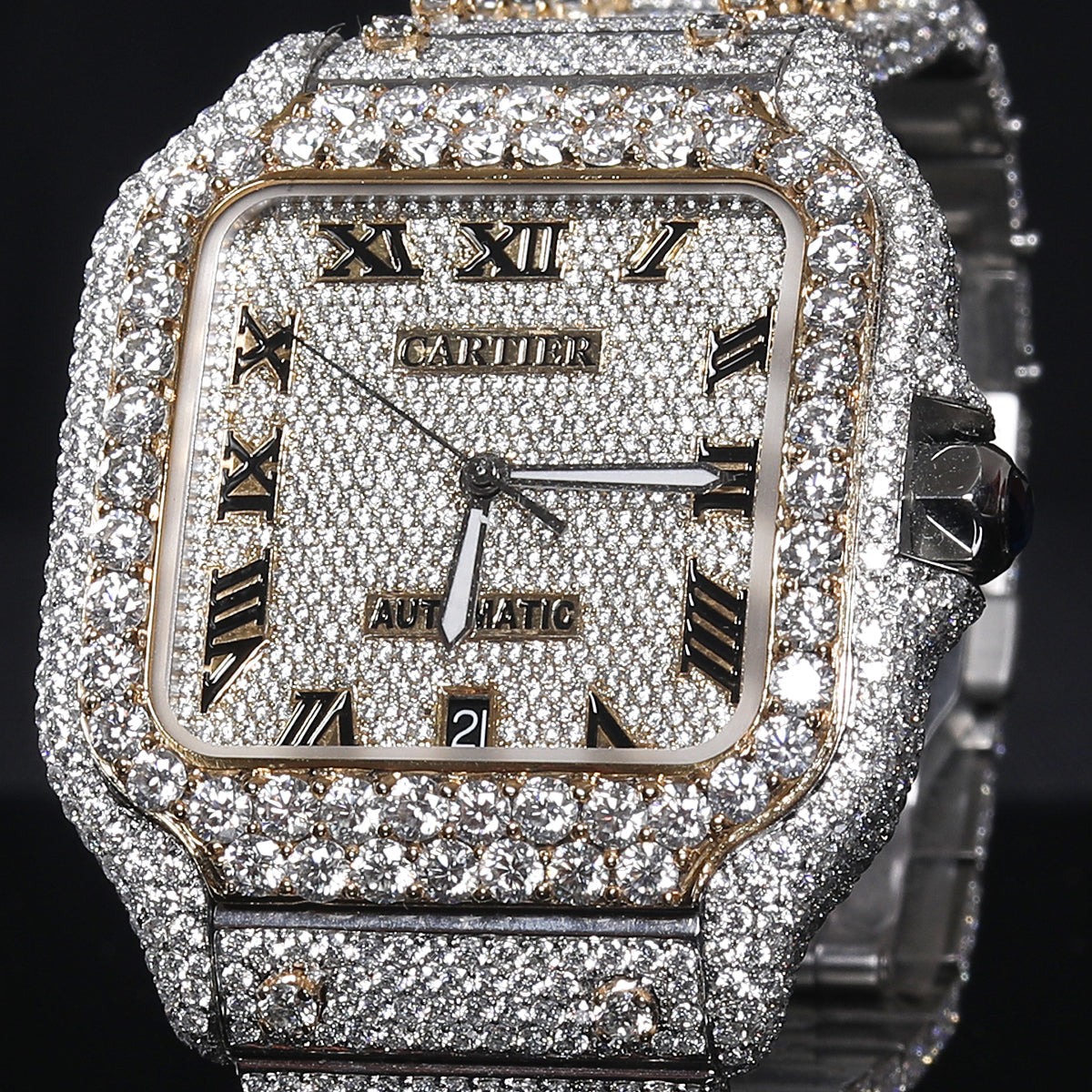 Alposh Cartier Swiss Eta Automatic Movement Full White Ice Out Moissanite Diamond Watch And Make Rose Collet