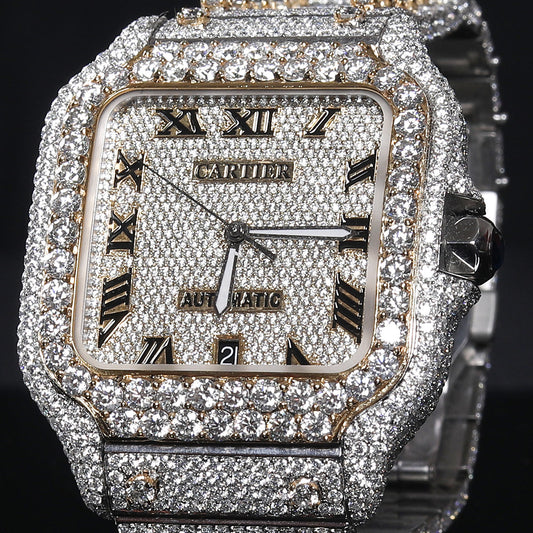 Alposh Cartier Swiss Eta Automatic Movement Full White Ice Out Moissanite Diamond Watch And Make Rose Collet