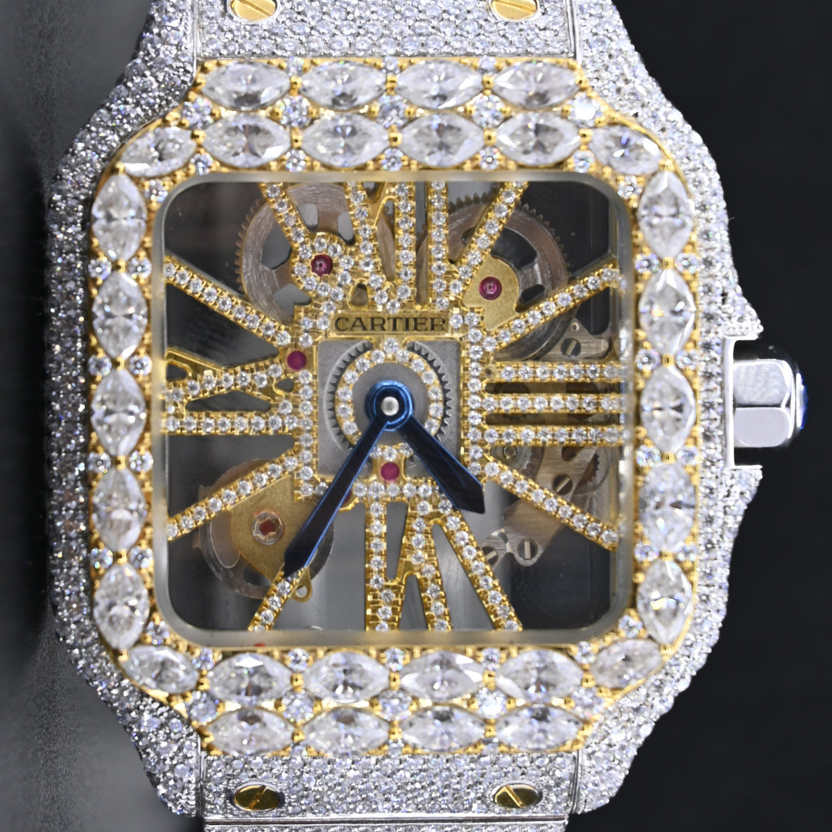 Alposh Cartier Swiss Eta Automatic Movement Bust Down Watch, 100 % Real VVS Yellow Gold Full Ice Out Studded Moissanite Diamond Watch Make Bezel Precious Stone For Men