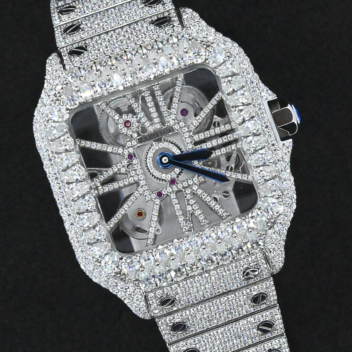 Alposh Cartier Swiss Eta Automatic Movement Bust Down Watch,100 %  Full White Ice Out Studded With Real VVS Moissanite Diamond Watch For Men