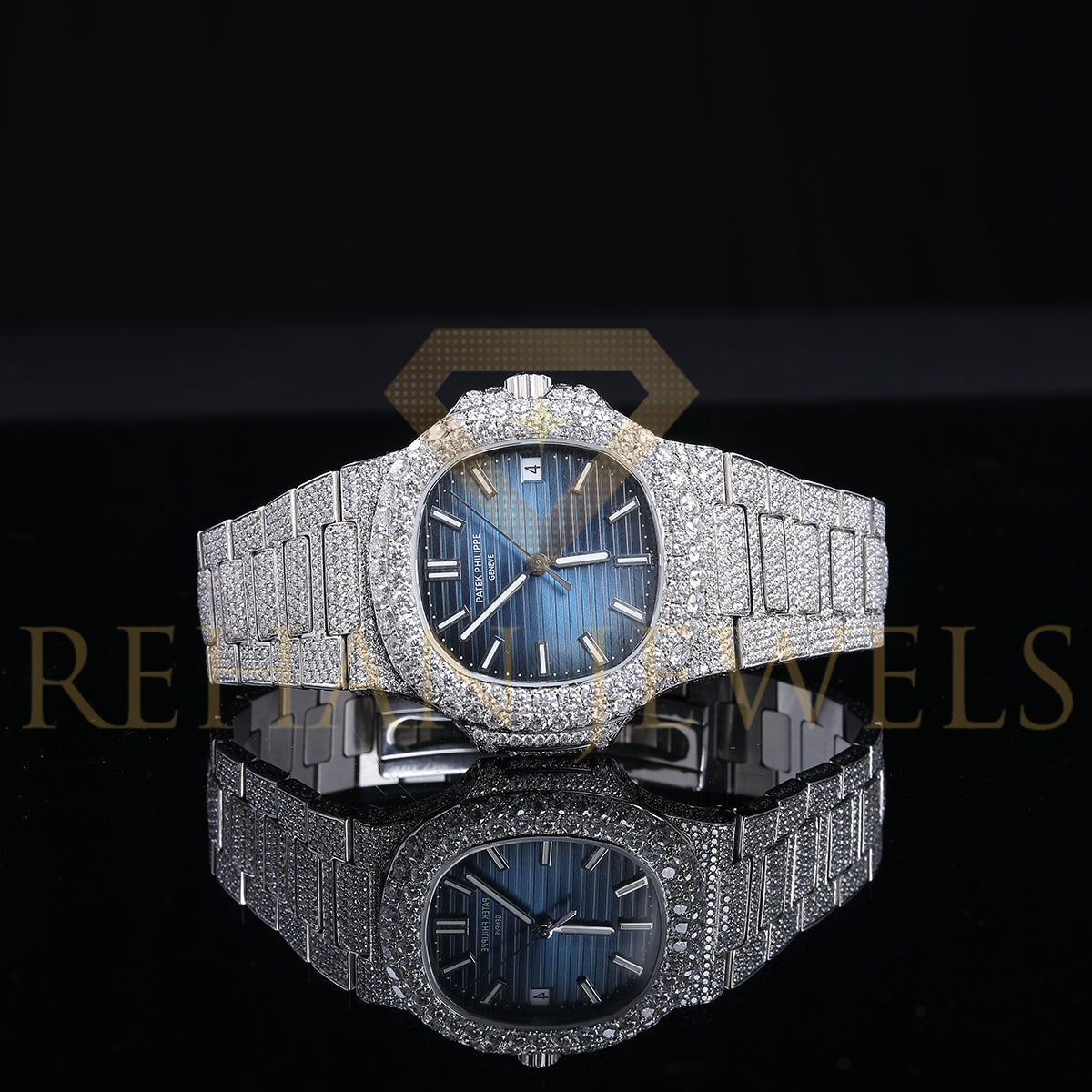 Alposh Patek Philippe Swiss ETA Fully Automatic Movement Full White VVS Moissanite Diamond Watch, Handmade Stainless Steel Iced out Watch, Luxury Bust Down Wrist Watch, Hip Hop Watch