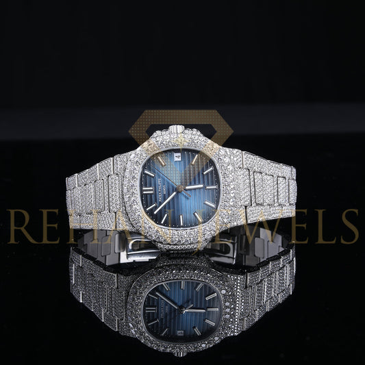 Alposh Patek Philippe Swiss ETA Fully Automatic Movement Full White VVS Moissanite Diamond Watch, Handmade Stainless Steel Iced out Watch, Luxury Bust Down Wrist Watch, Hip Hop Watch