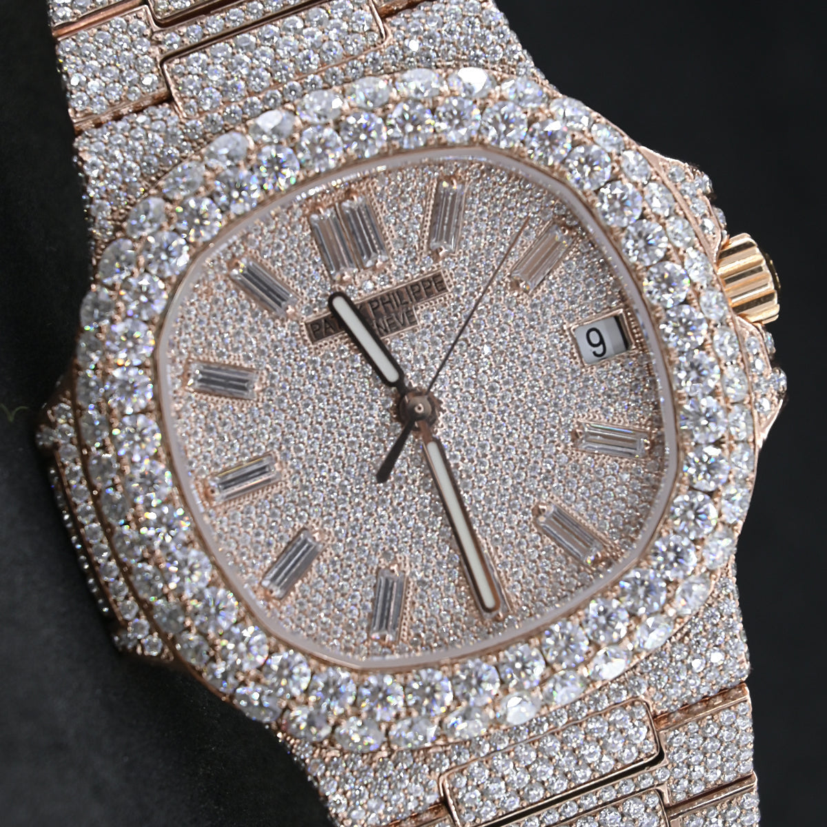 Alposh Patek Philippe Swiss Eta Automatic Movement Full Rose Gold, VVS Moissanite Diamond Watch