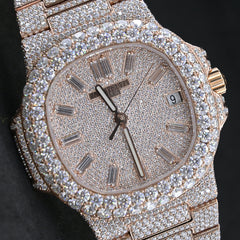 Alposh Patek Philippe Swiss Eta Automatic Movement Full Rose Gold, VVS Moissanite Diamond Watch
