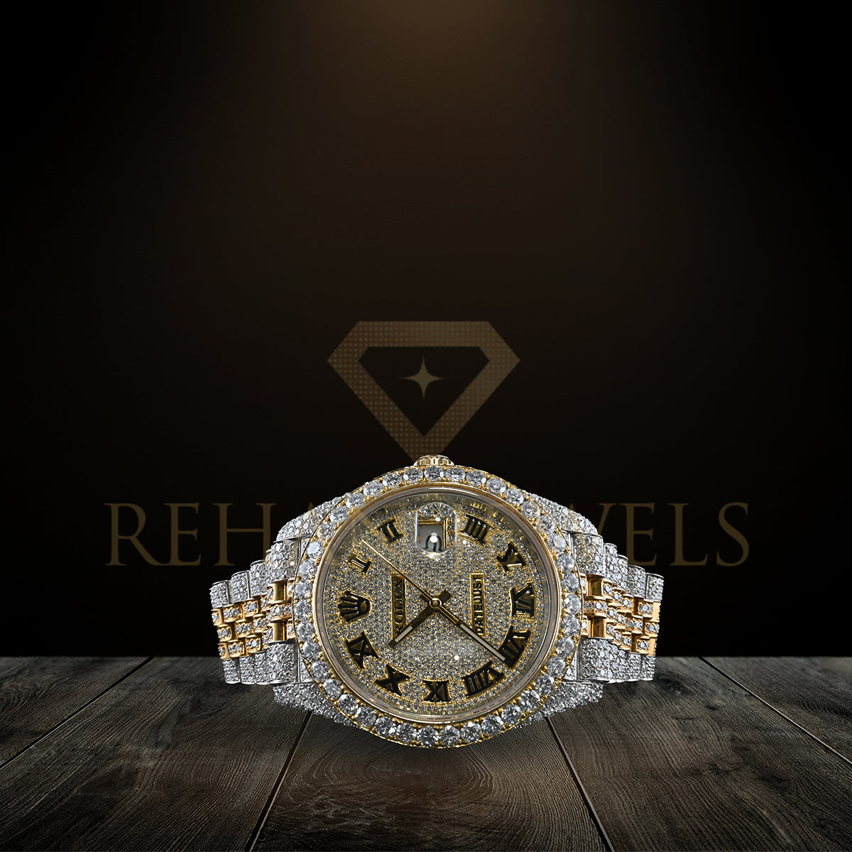 Alposh Rolex Jublee Swiss Eta Automatic Movement Full Ice Out Real VVS Moissanite Diamond  Two-Tone DateJust Roman Dial Plate Full Bustdown Gold Metal Band Watch