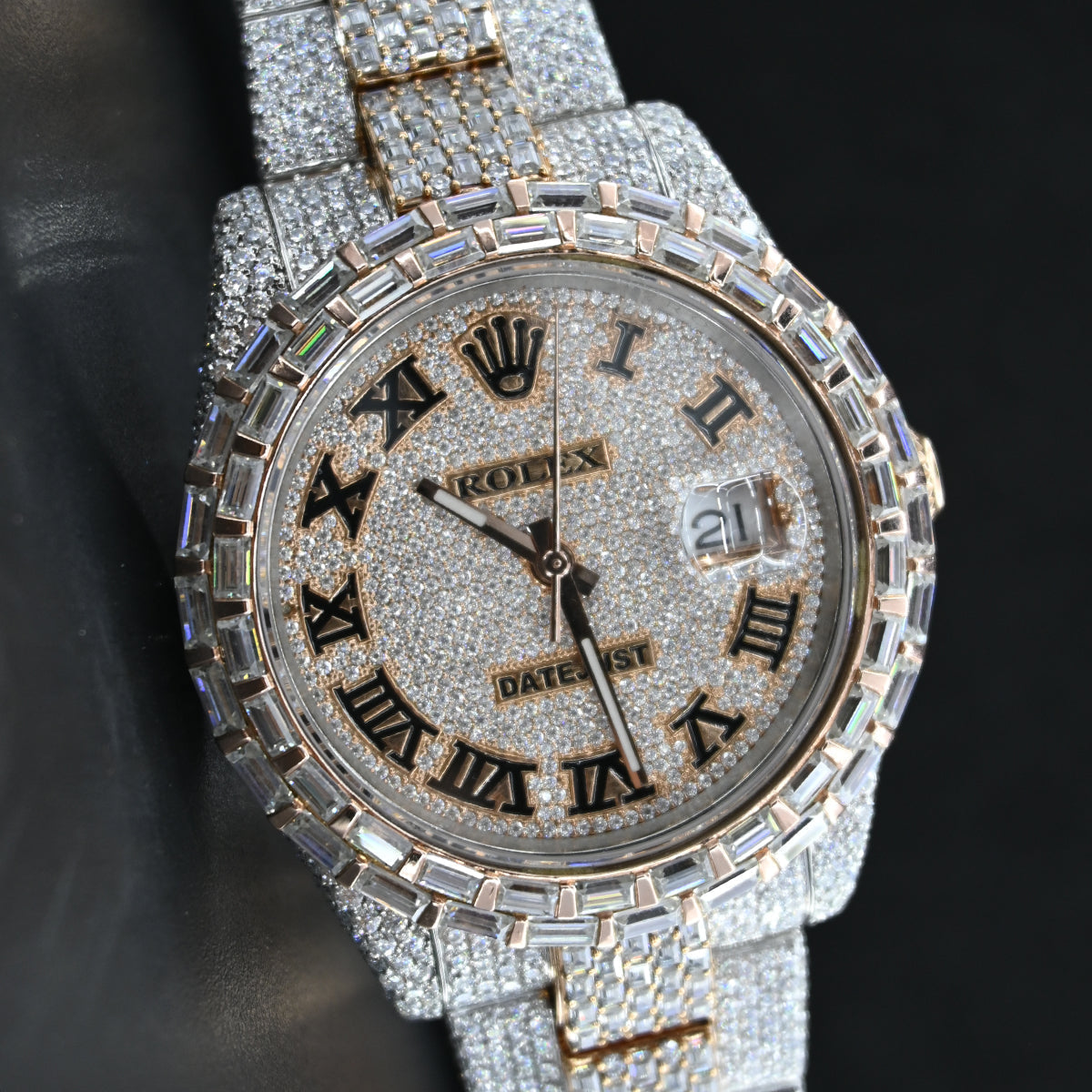 Alposh Rolex Oyster Date Just Swiss Eta Automatic Movement Two Tone Full Ice Out Make Heighted Middle Pieces Belt & Bezel With Real VVS Round Moissanite Diamonds & Baguette diamonds With Dial Plate in Roman